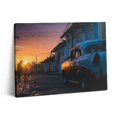 Pictură pe pânză 80x60 Apus de soare și mașină veche