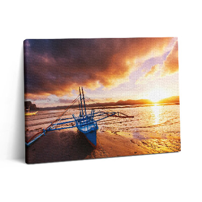 Pictură pe pânză 80x60 Barcă pe apă și apus de soare