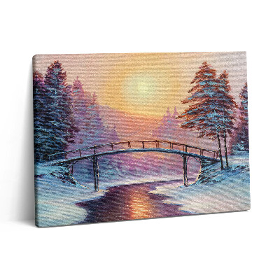 Pictură pe pânză 80x60 Pictură - Pod peste râu și apus de soare de iarnă