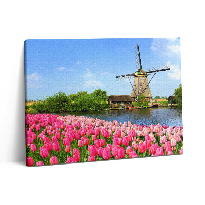 Pictură pe pânză 80x60 Moară de vânt olandeză cu flori