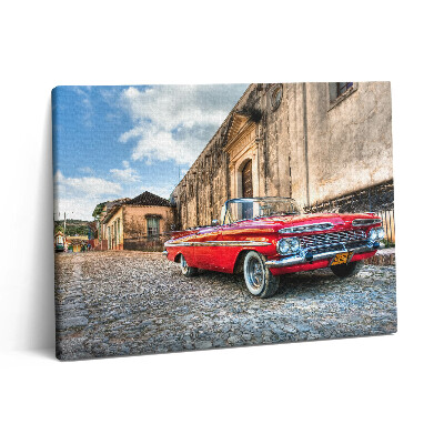 Pictură pe pânză 80x60 Mașină roșie veche în cartierul columbian