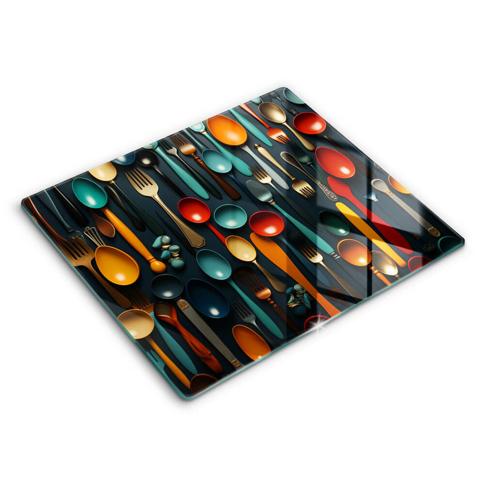 Decorativ placă sticla protectie aragaz Linguri și furculițe colorate 60x52 cm 