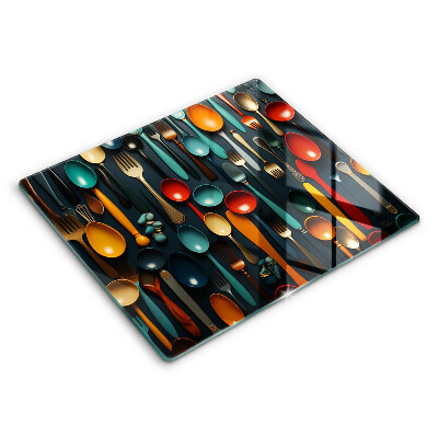 Decorativ placă sticla protectie aragaz Linguri și furculițe colorate 60x52 cm