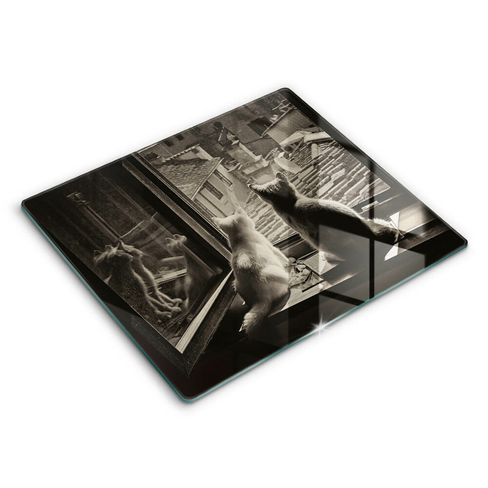 Decorativ placă sticla protectie aragaz Orașul și fereastra pisicilor 60x52 cm 