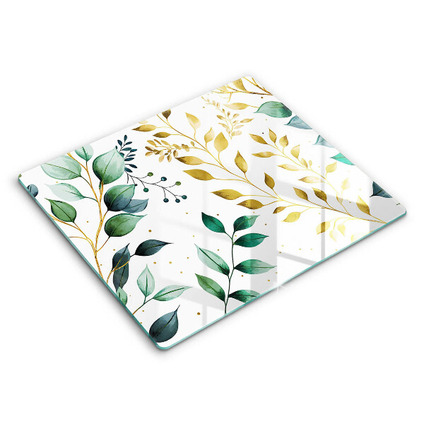 Decorativ placă sticla protectie aragaz Frunze verzi și aurii 60x52 cm