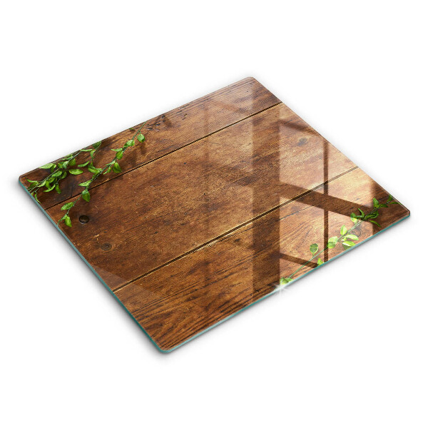Decorativ placă sticla protectie aragaz Scânduri de lemn și frunze 60x52 cm