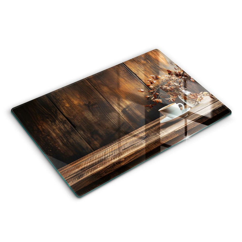 Modern placă din sticla protectie perete bucatarie O ceașcă de cafea și lemn 80x52 cm