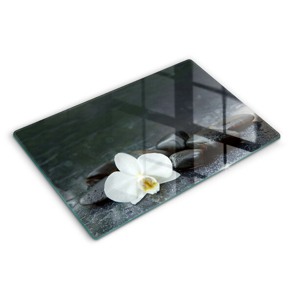 Modern placă din sticla protectie perete bucatarie Pietre zen cu flori albe 80x52 cm