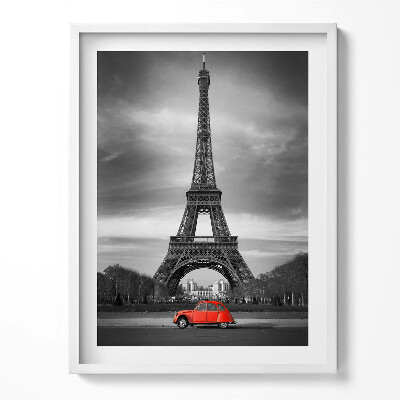 Tablou living cu rama Mașină roșie în fața Turnului Eiffel