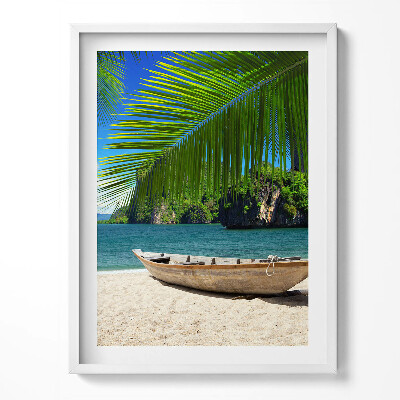 Tablou rama O barcă pe plajă sub un palmier