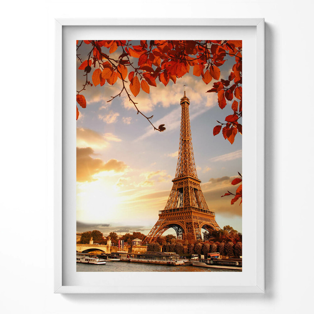 Tablou living cu rama Turnul Eiffel printre frunze