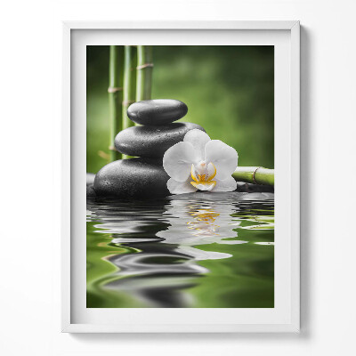 Tablou living cu rama Zen - pietre de bambus și flori pe apă