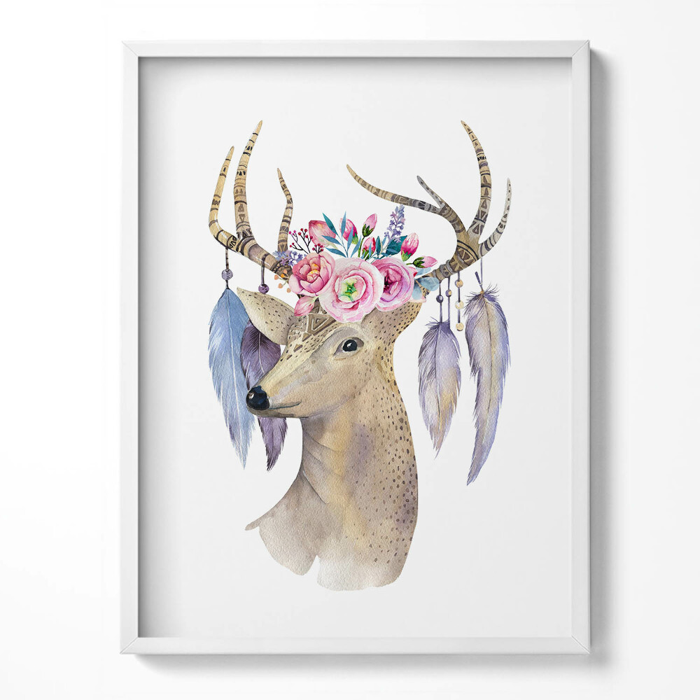 Tablou living cu rama Cap de cerb și flori