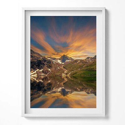 Tablou rama Lacul de munte și apusul soarelui