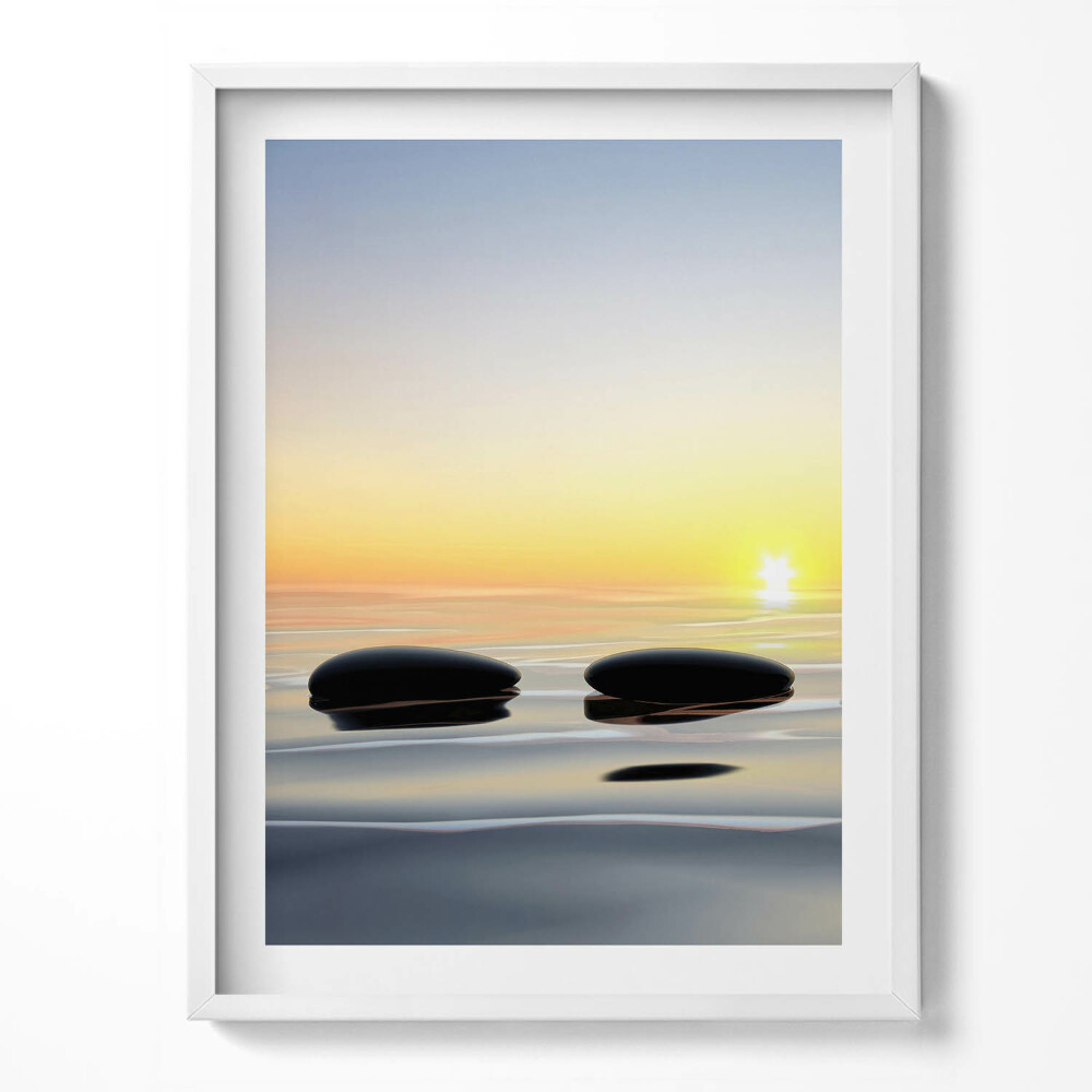 Tablou living cu rama Pietre pe apă la răsărit - zen