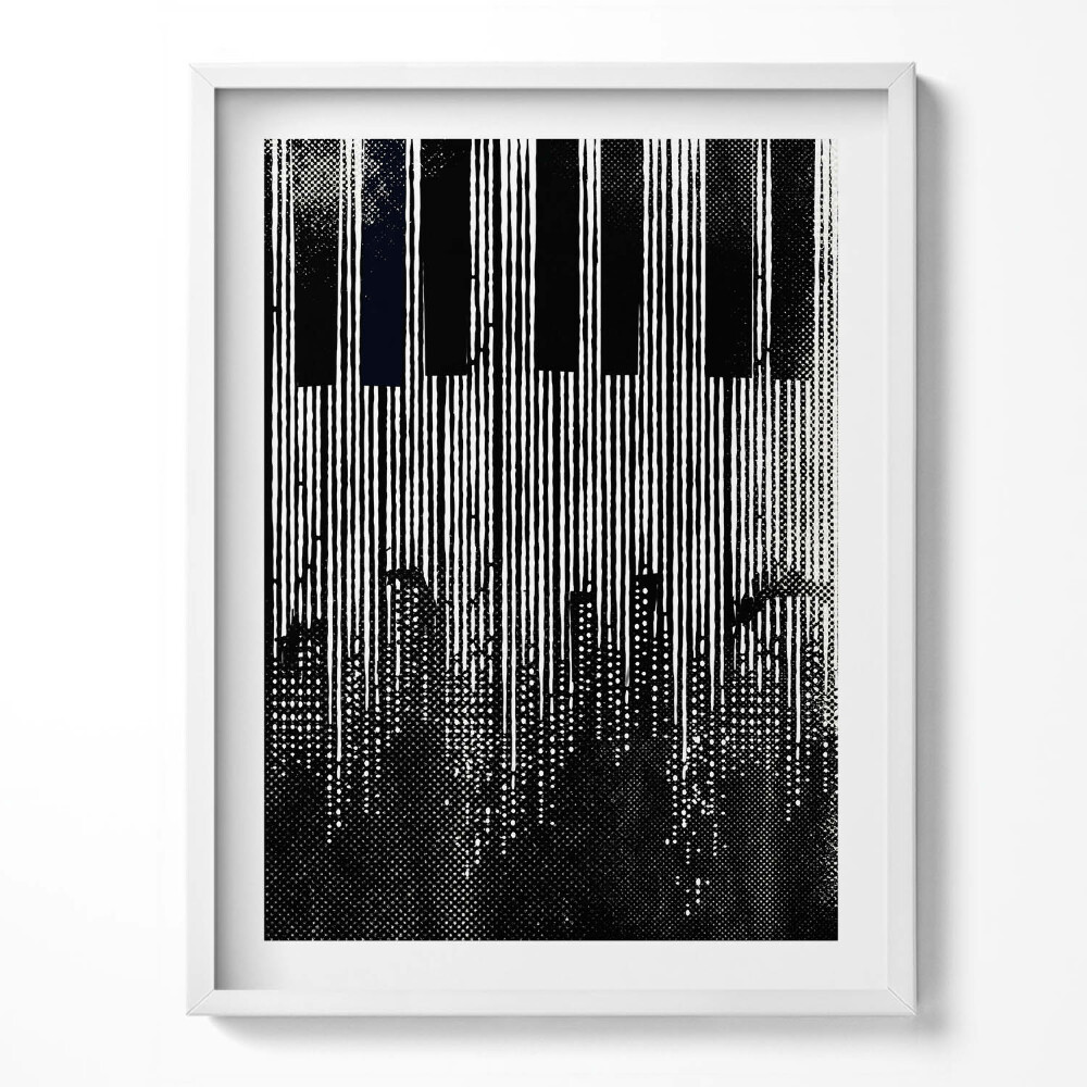 Tablou living cu rama Ilustrație a unui pian și a unui oraș