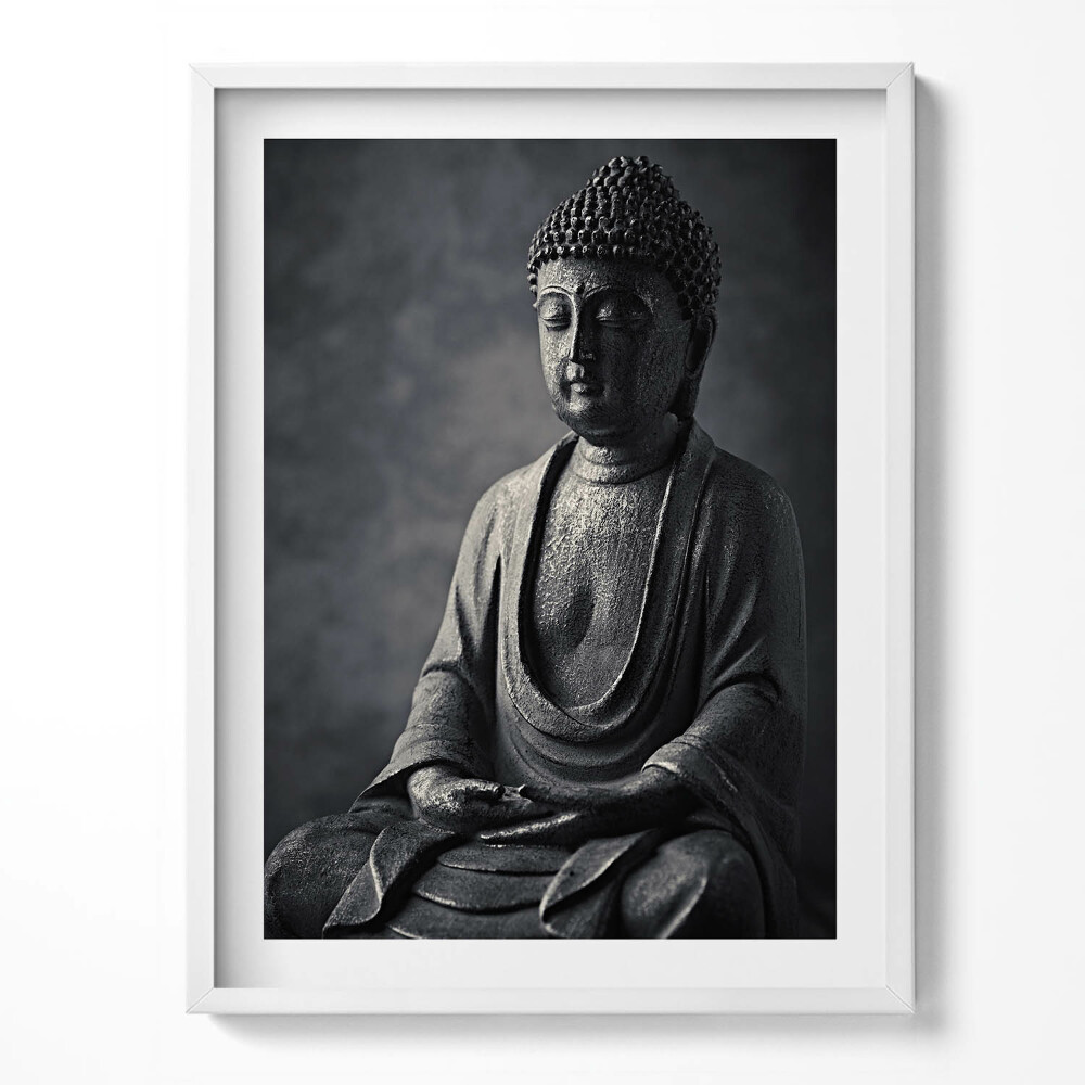 Tablou living cu rama Fotografie alb-negru a unei statui a lui Buddha