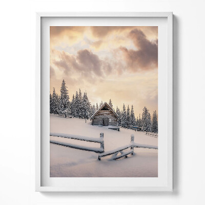 Tablou rama Peisaj al unei cabane montane iarna și la apus