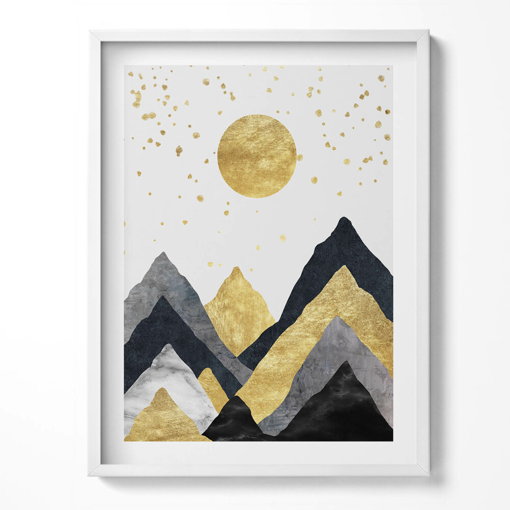 Tablou living cu rama Peisaj abstract cu munți aurii și soare