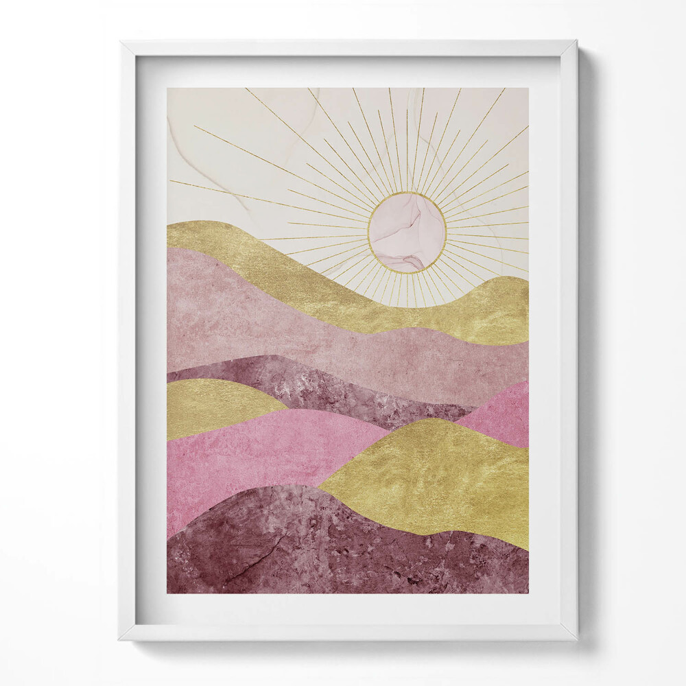 Tablou living cu rama Peisaj abstract cu munți aurii și soare