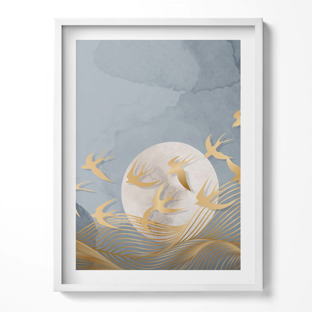 Tablou living cu rama Ilustrație a lunii și a păsărilor care zboară