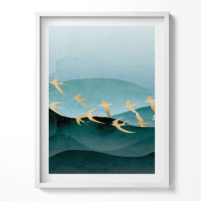 Tablou living cu rama Ilustrație a păsărilor aurii pe cer