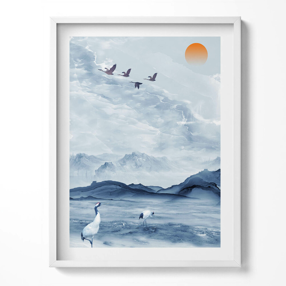 Tablou living cu rama Peisaj pictat al unui lac și al unor macarale