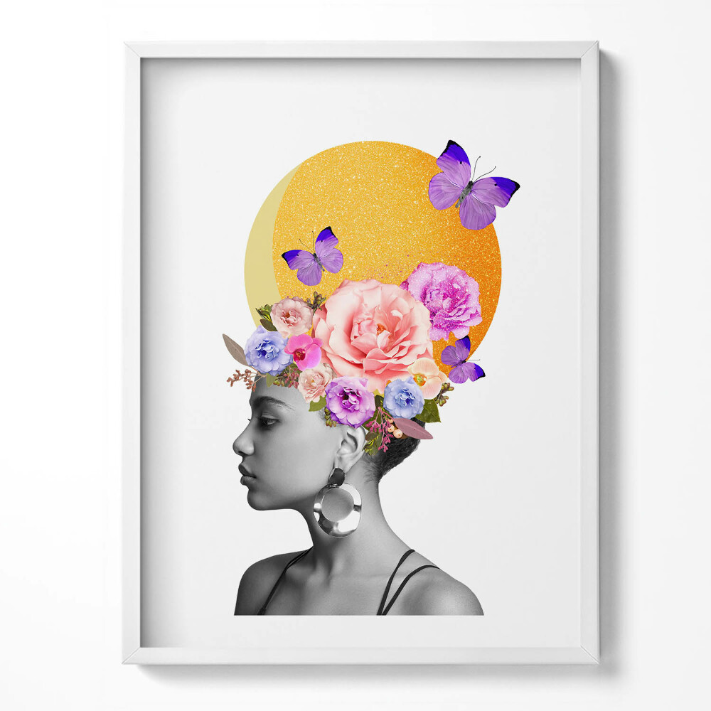 Tablou rama Cap de femeie cu flori și fluturi