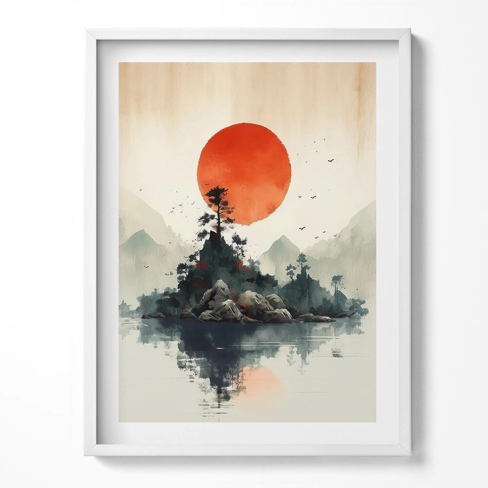 Tablou rama Ilustrație japoneză a soarelui peste stânci și copaci