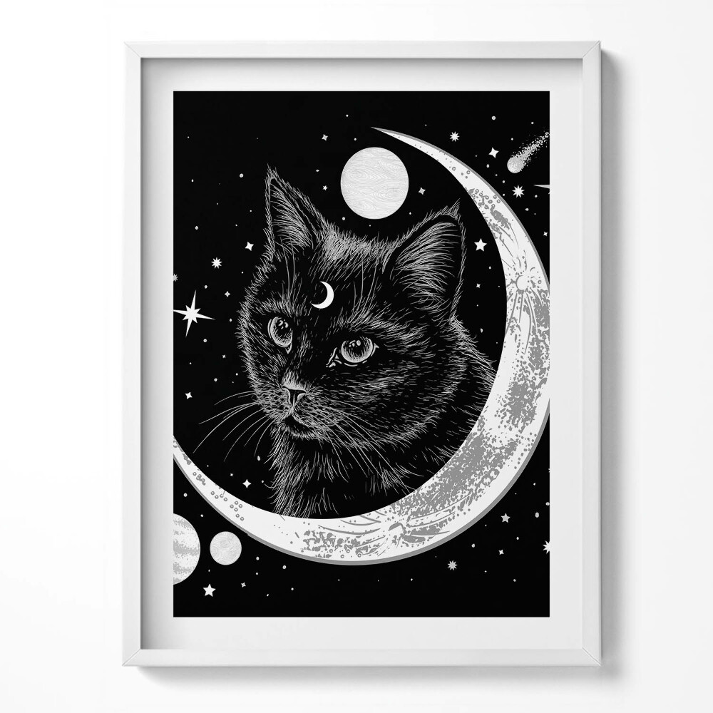 Tablou living cu rama Pisica Neagră Magică și Spațiul