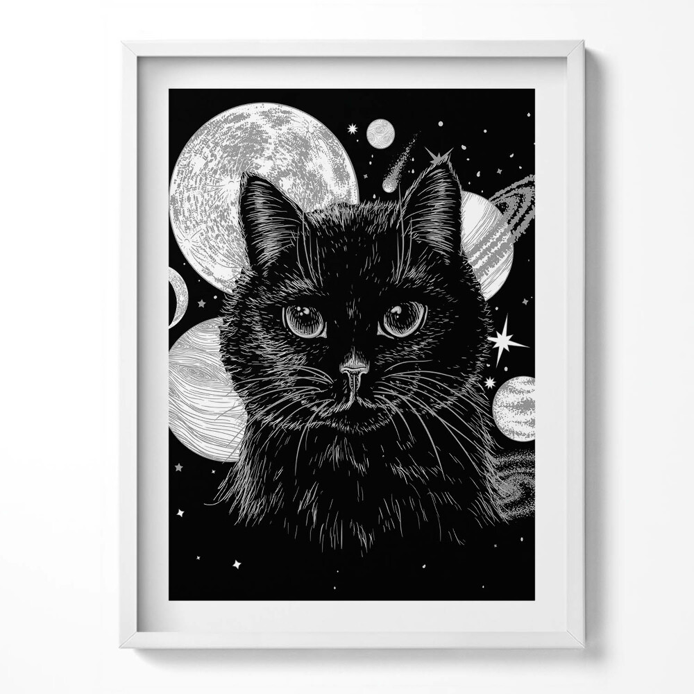 Tablou living cu rama Pisica Neagră Magică și Spațiul