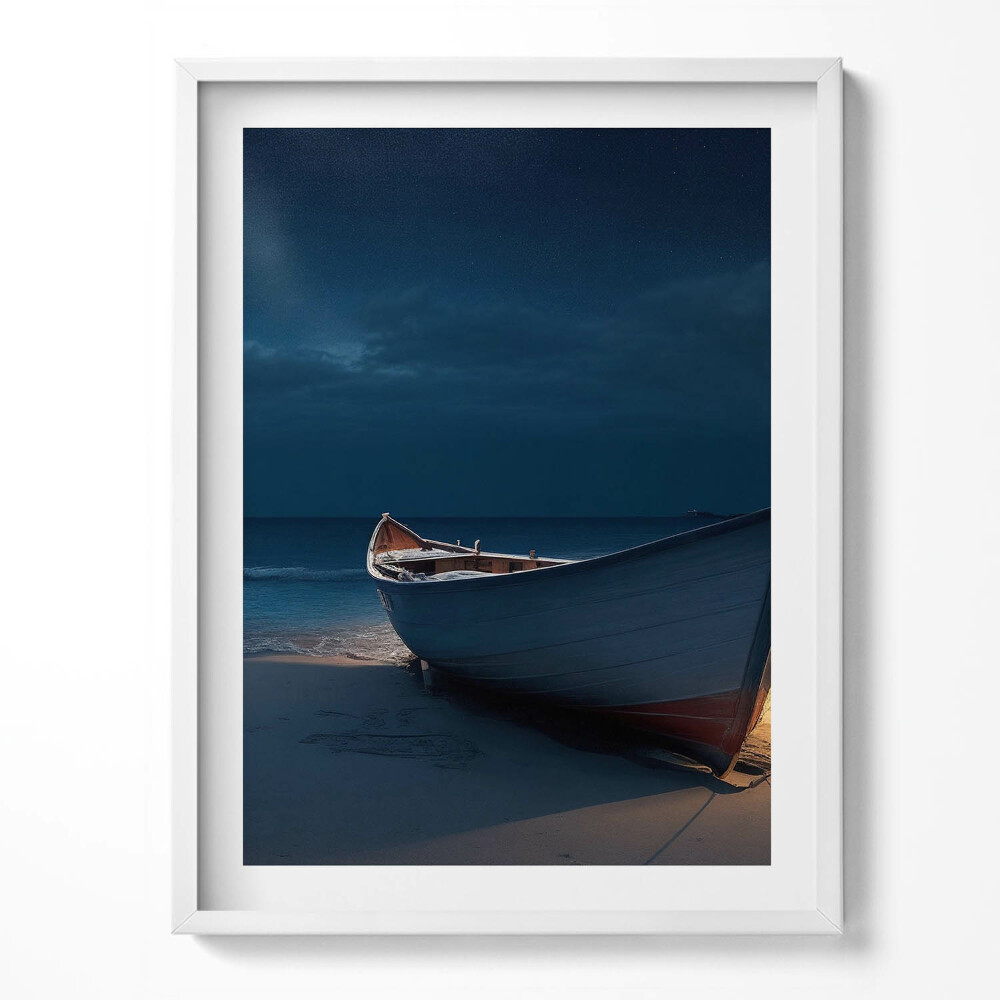 Tablou rama O barcă pe plajă noaptea