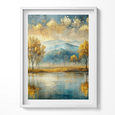 Tablou living cu rama Peisaj abstract cu copaci aurii lângă lac