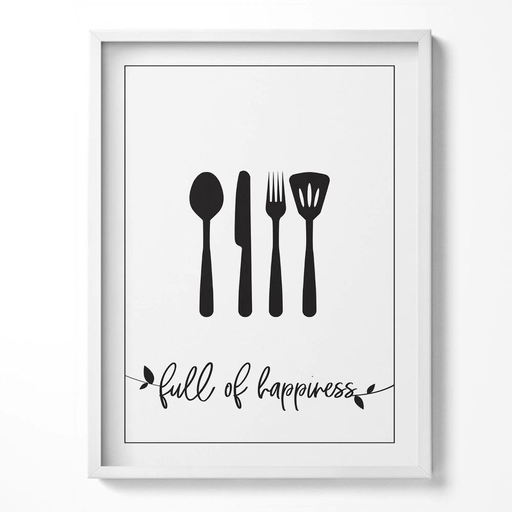 Tablou living cu rama „Inscripție pentru bucătărie și sufragerie «plină de fericire»”
