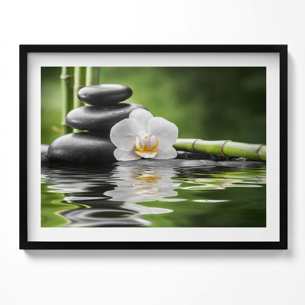 Tablou rama Zen - pietre de bambus și flori pe apă