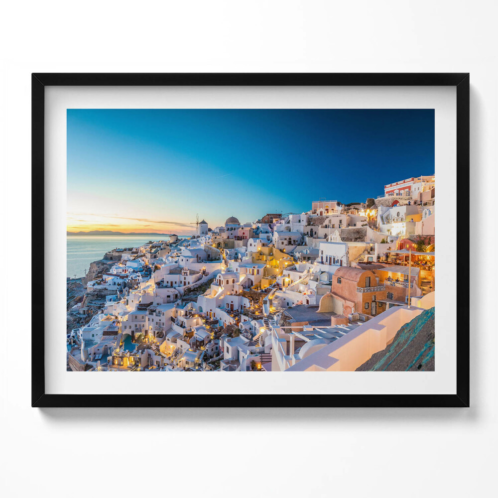 Tablou living cu rama Apus de soare în Santorini