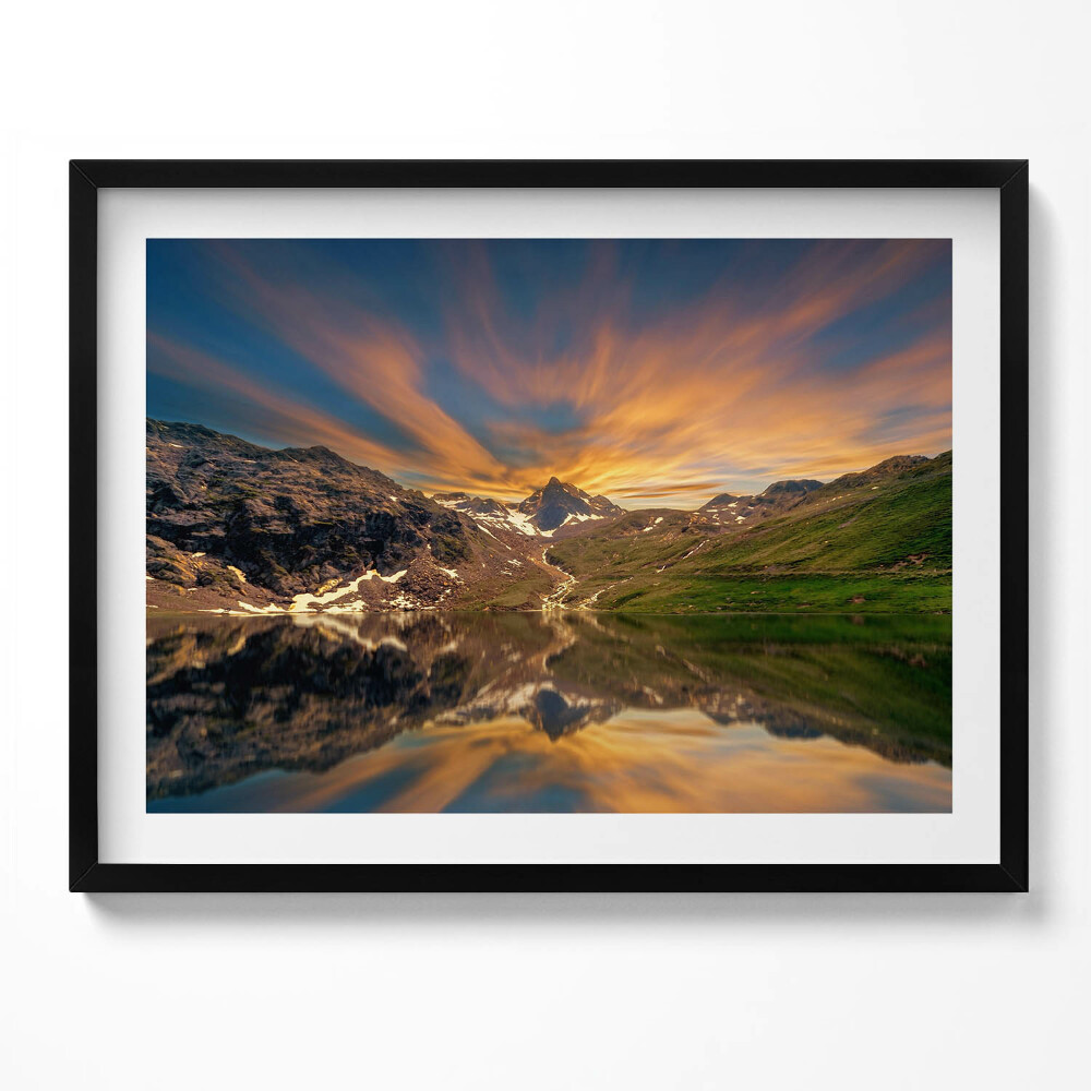 Tablou rama Lacul de munte și apusul soarelui