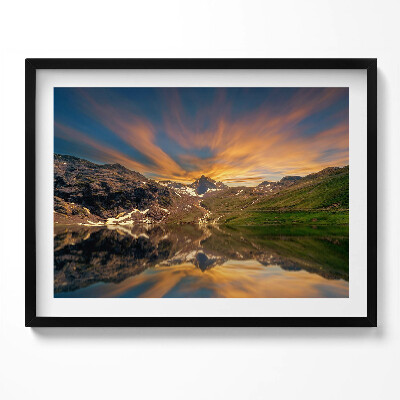 Tablou rama Lacul de munte și apusul soarelui