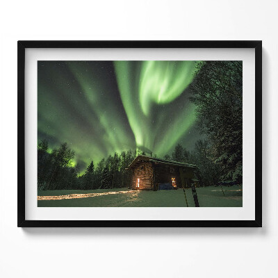 Tablou rama Aurora boreală și o căsuță în pădure