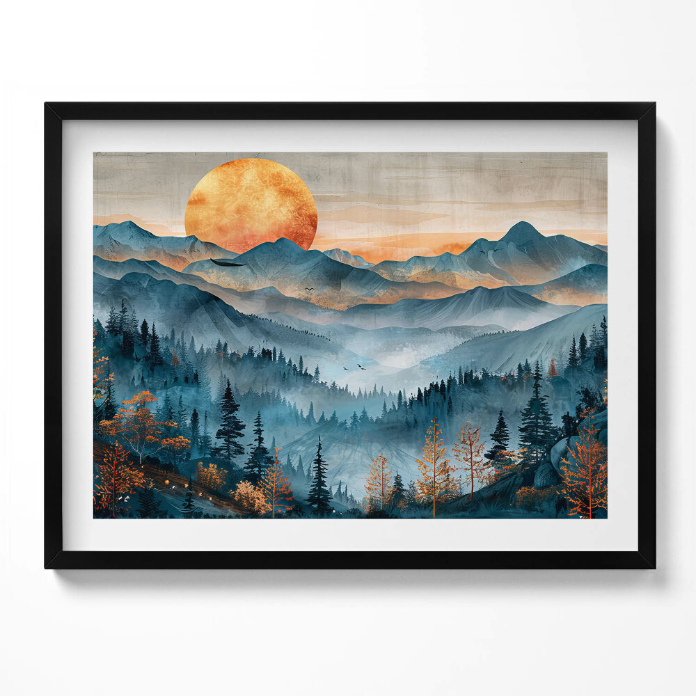 Tablou living cu rama Peisaj abstract al soarelui peste munți și păduri