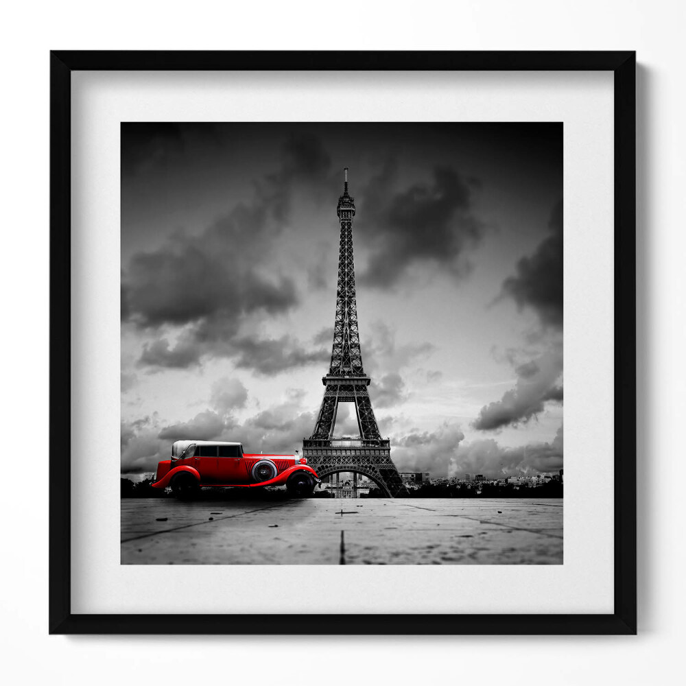Tablou living cu rama unic Turnul Eiffel și Mașina Roșie