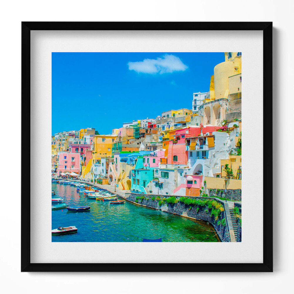 Tablou rama unic Oraș de coastă și bărci