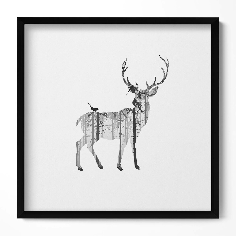 Tablou living cu rama unic Silueta unui cerb și a pădurii