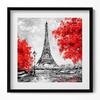 Tablou living cu rama unic Pictura Turnului Eiffel și a copacilor roșii