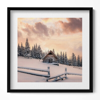 Tablou living cu rama unic Peisaj al unei cabane montane iarna și la apus