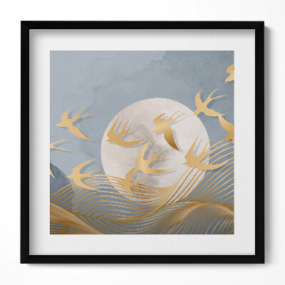 Tablou living cu rama unic Ilustrație a lunii și a păsărilor care zboară