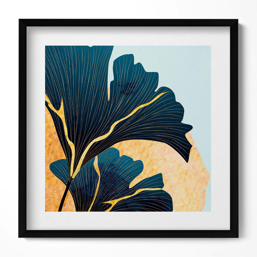 Tablou living cu rama unic Ilustrație cu frunze de ginkgo cu soare auriu