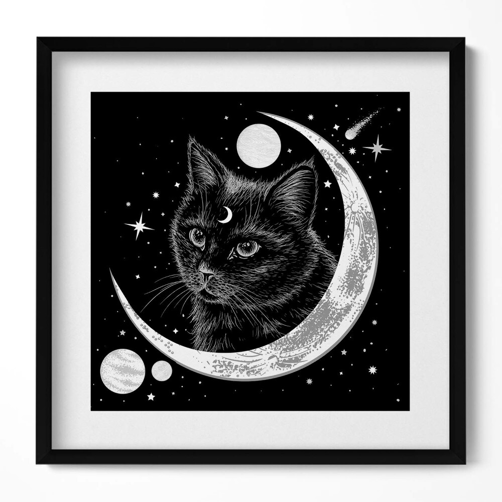 Tablou living cu rama unic Pisica Neagră Magică și Spațiul
