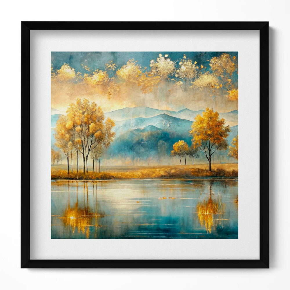 Tablou rama unic Peisaj abstract cu copaci aurii lângă lac