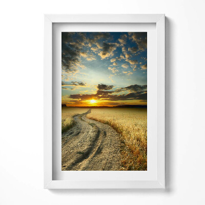 Tablou living cu rama decorativ Drum de pământ și apus de soare